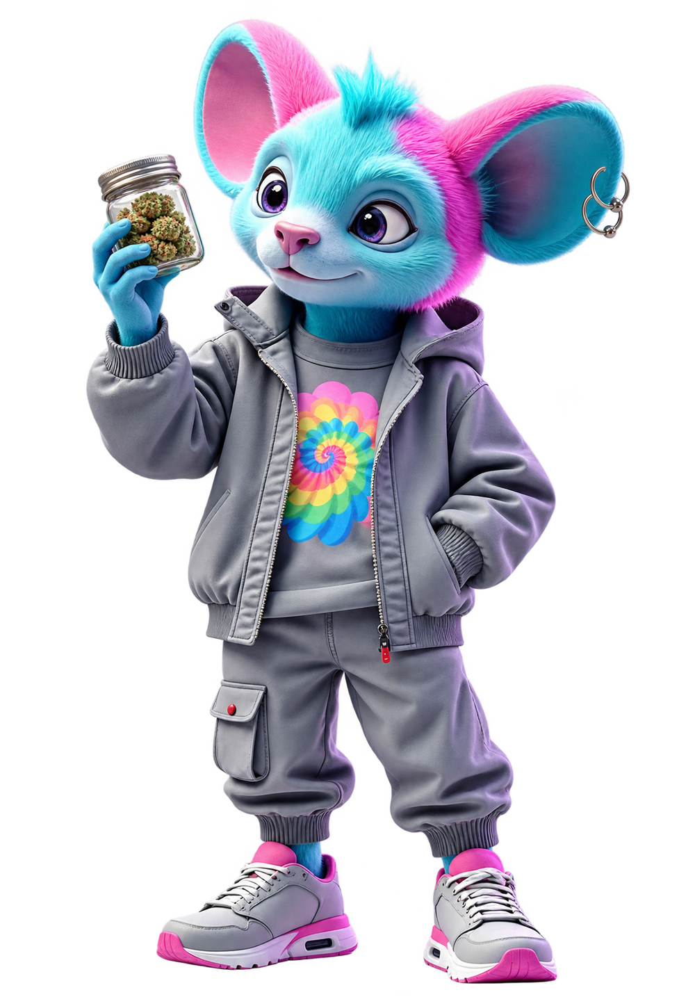 La souris Trippy avec un bocal de fleurs